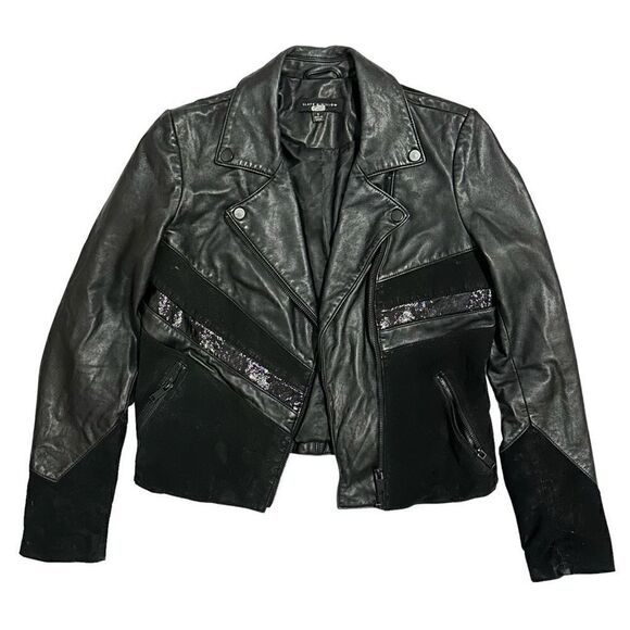 Slate & Willow Mixed Media Colorblock Moto Leather Jacket, size S - Picture 2 of 14